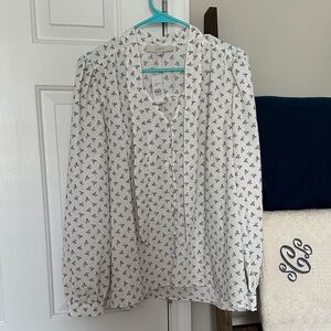 LOFT Ivory and Navy Patterned Blouse